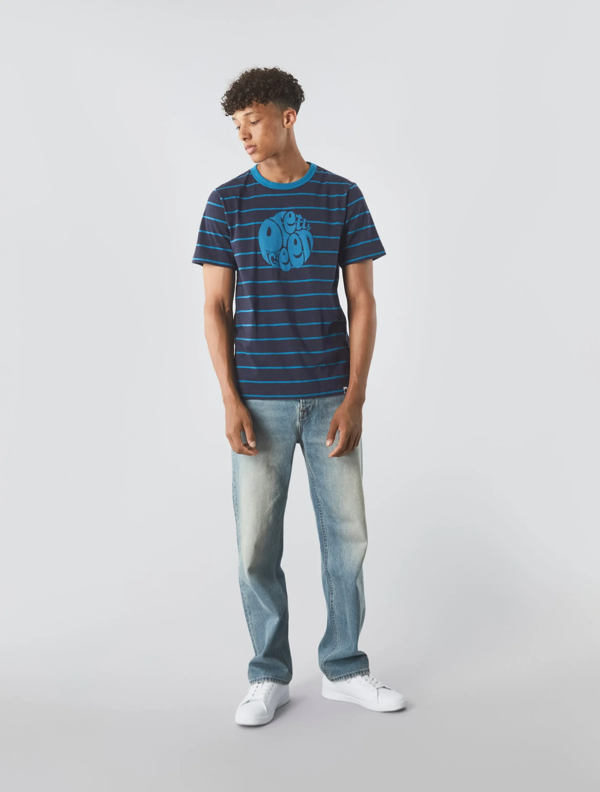 Pretty Green Capella Stripe Logo T-shirt Navy Discount