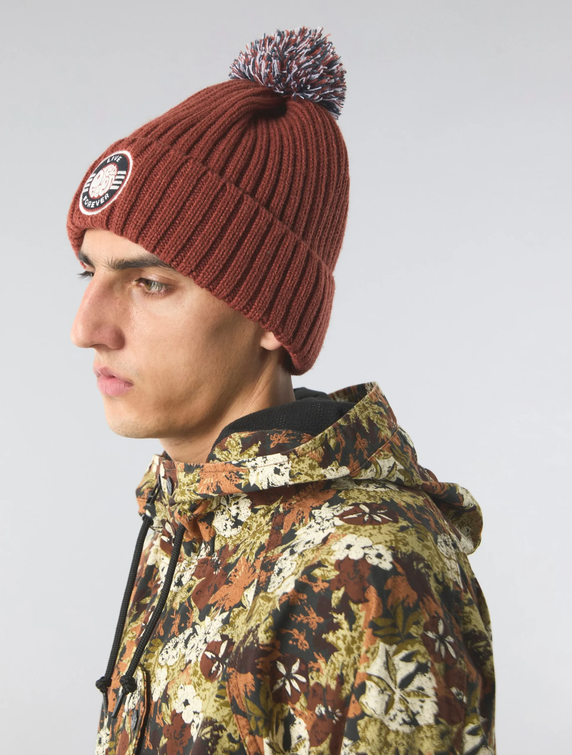 Pretty Green Live Forever Bobble Hat Red New