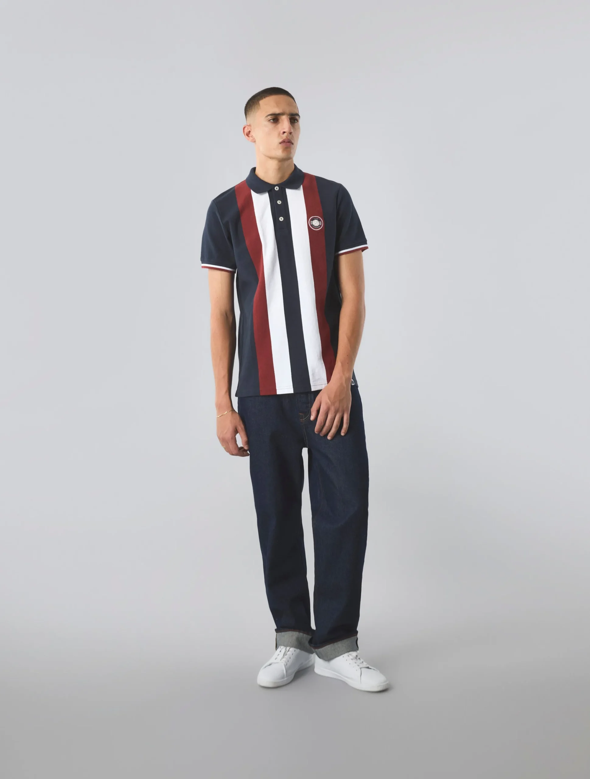 Pretty Green Live Forever Engineered Stripe Polo Navy Store