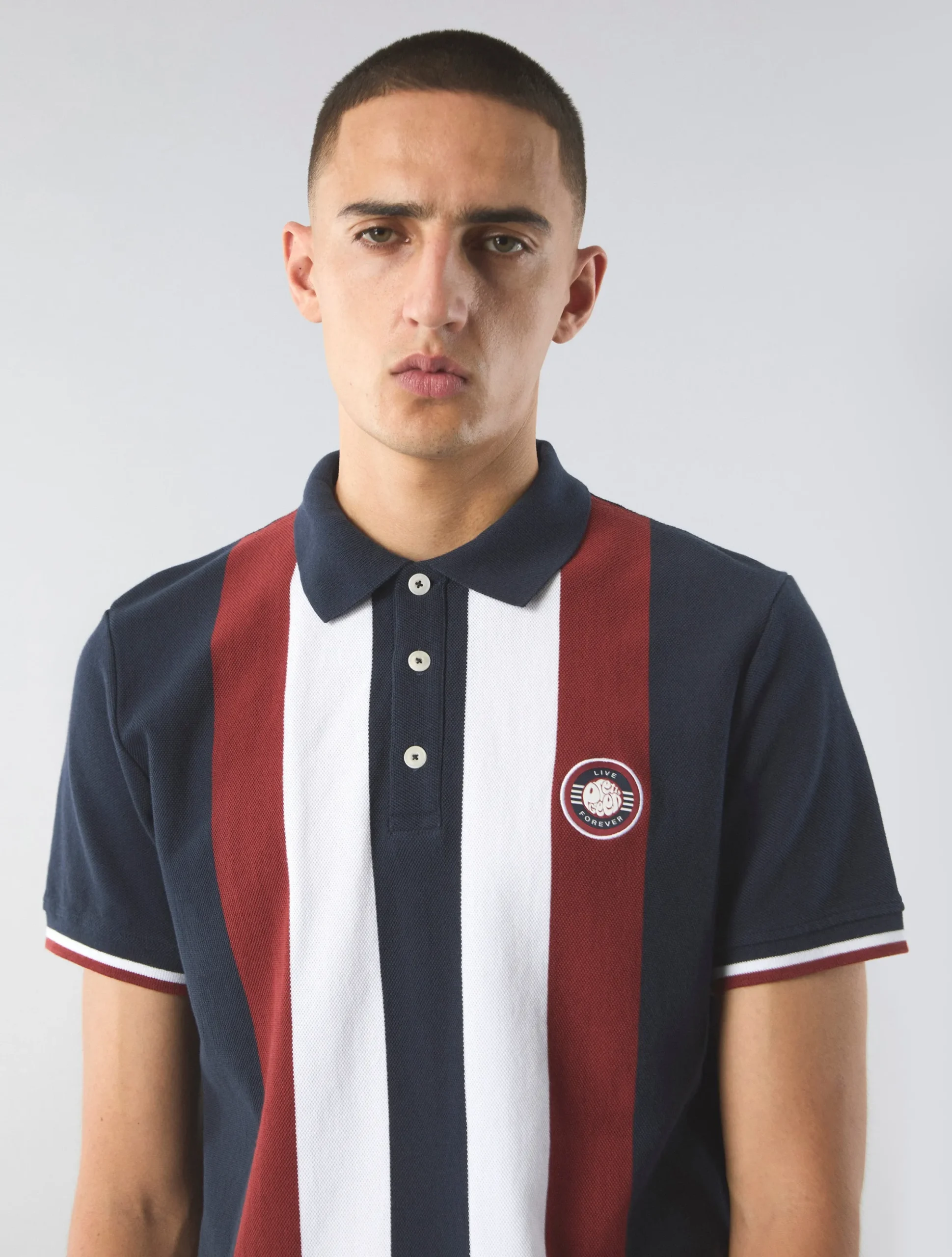 Pretty Green Live Forever Engineered Stripe Polo Navy Store