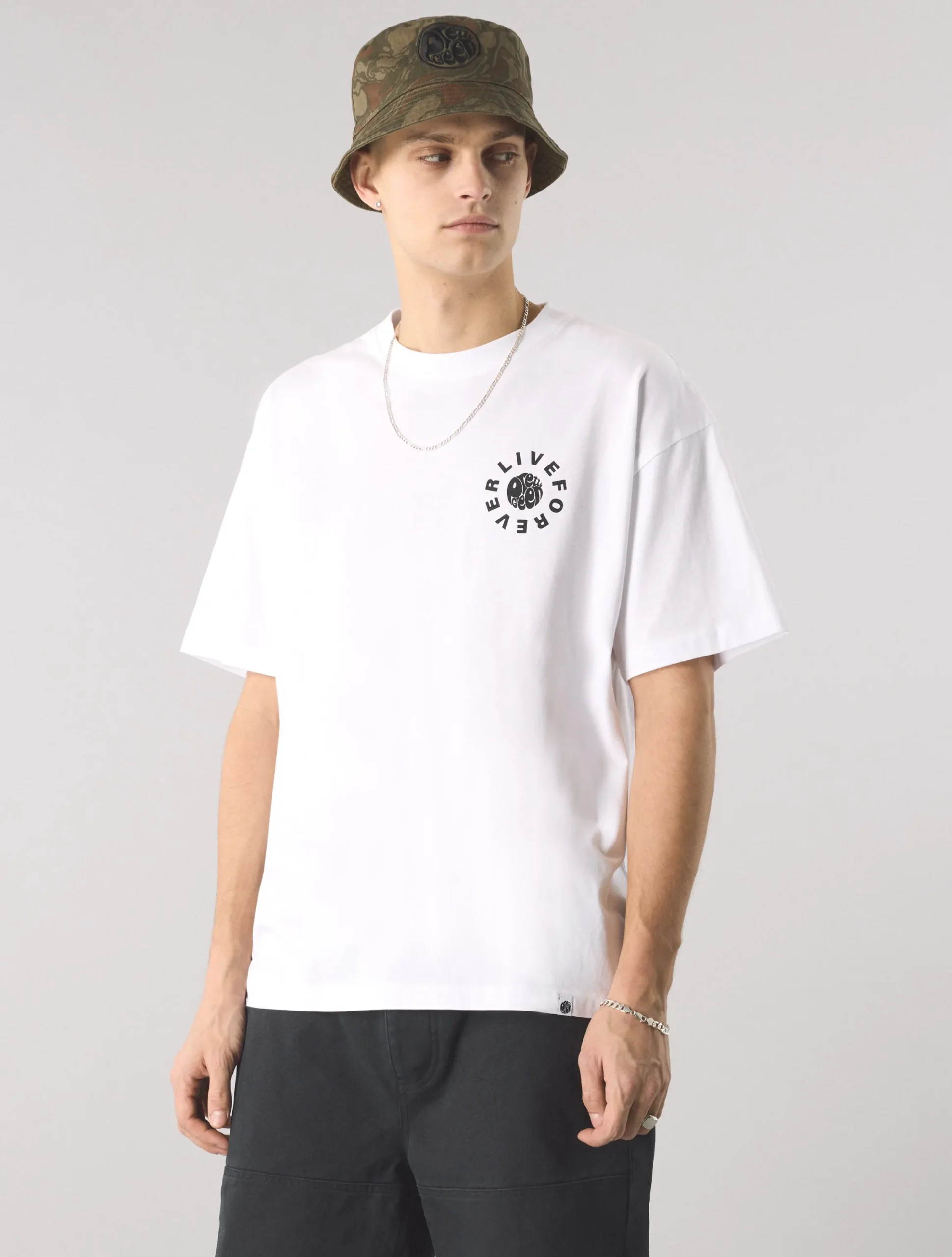 Pretty Green Live Forever Text Logo T-Shirt White Sale