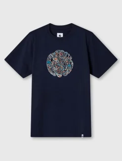 Pretty Green Wonderwall Paisley Logo T-shirt Navy Cheap