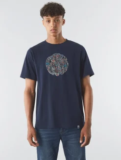 Pretty Green Wonderwall Paisley Logo T-shirt Navy Cheap