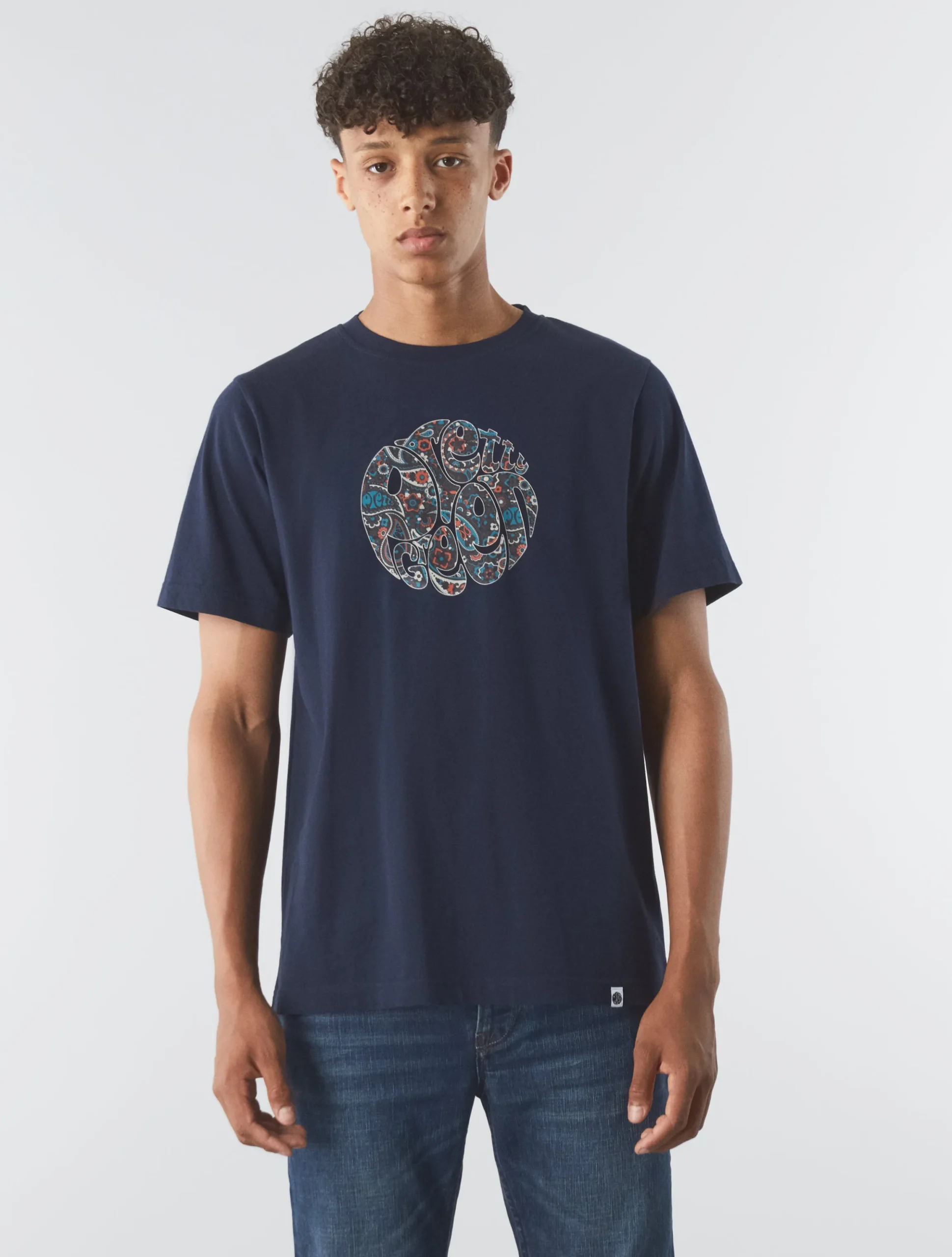 Pretty Green Wonderwall Paisley Logo T-shirt Navy Cheap